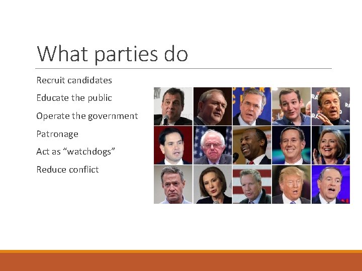 What parties do Recruit candidates Educate the public Operate the government Patronage Act as