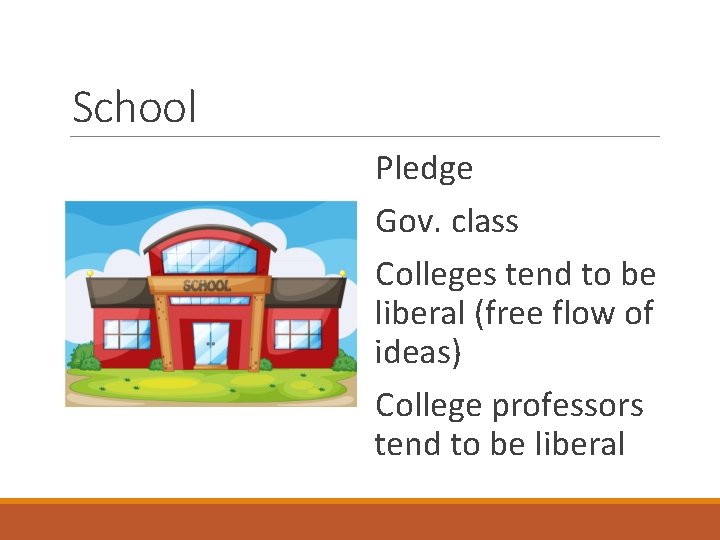 School Pledge Gov. class Colleges tend to be liberal (free flow of ideas) College