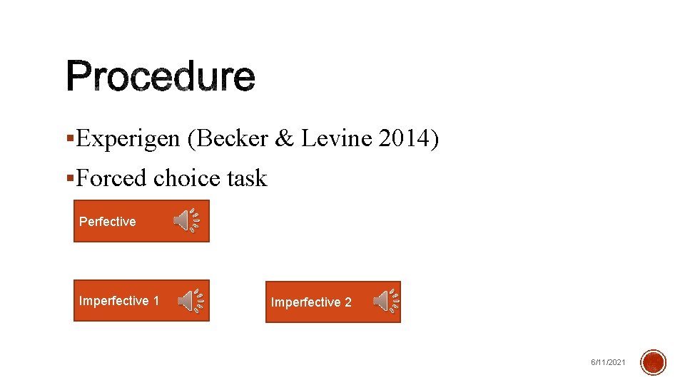  Experigen (Becker & Levine 2014) Forced choice task Perfective Imperfective 1 Imperfective 2