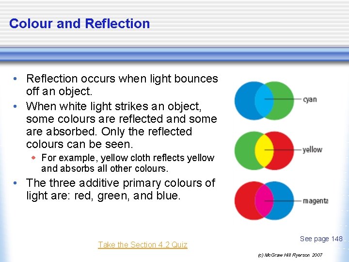 Colour and Reflection • Reflection occurs when light bounces off an object. • When