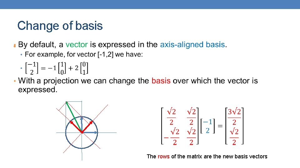 Change of basis • The rows of the matrix are the new basis vectors