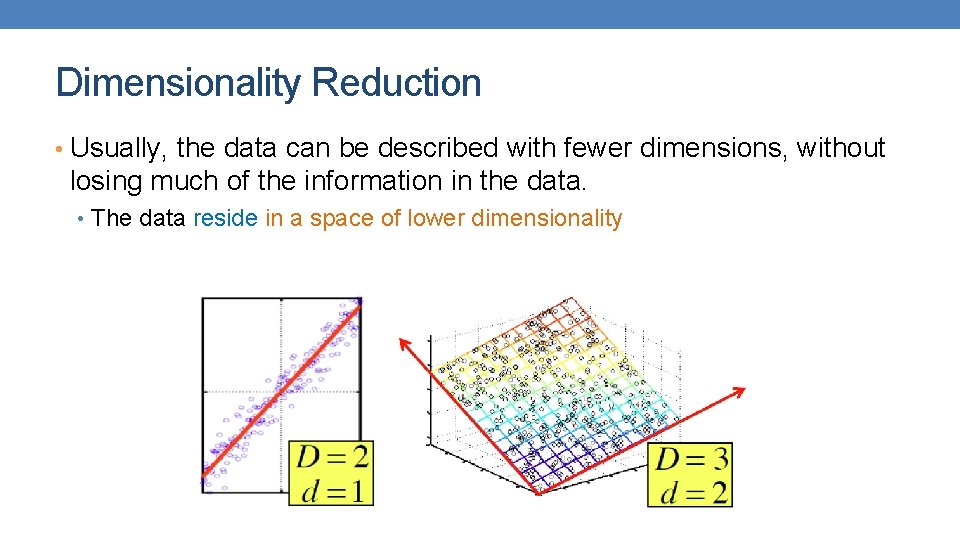 Dimensionality Reduction • Usually, the data can be described with fewer dimensions, without losing
