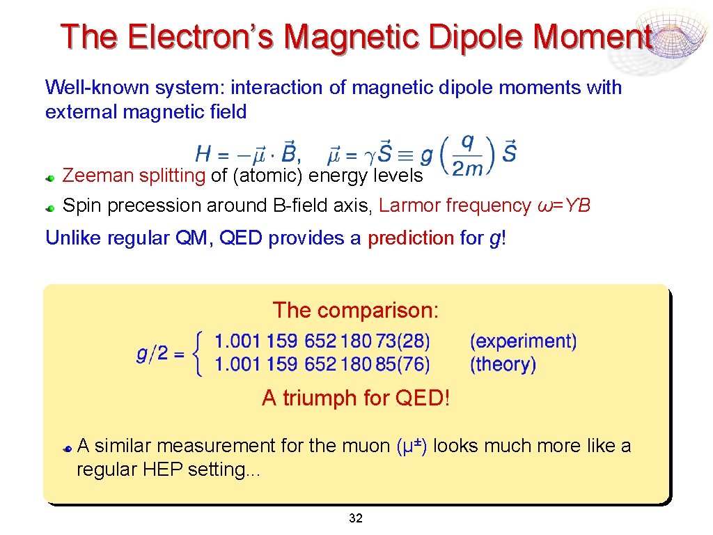 The Electron’s Magnetic Dipole Moment Well-known system: interaction of magnetic dipole moments with external