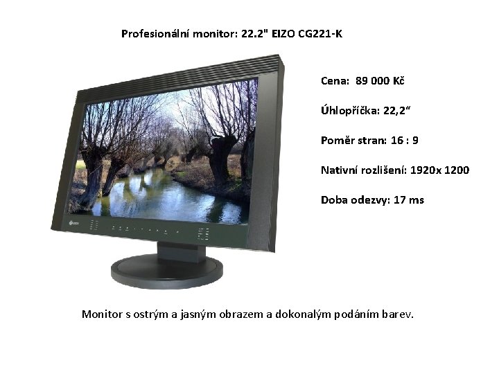 Profesionální monitor: 22. 2" EIZO CG 221 -K Cena: 89 000 Kč Úhlopříčka: 22,