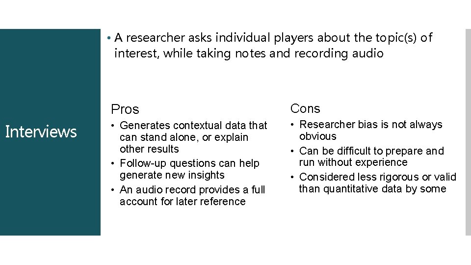  • A researcher asks individual players about the topic(s) of interest, while taking