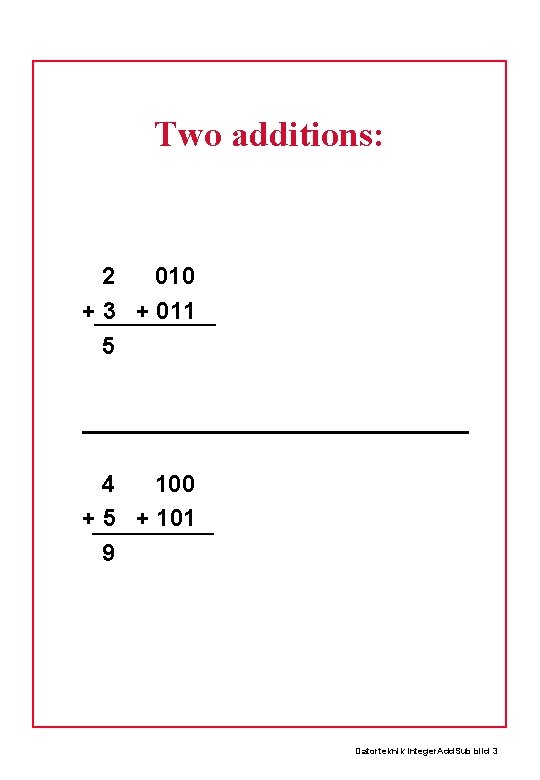Two additions: 2 010 + 3 + 011 5 4 100 + 5 +