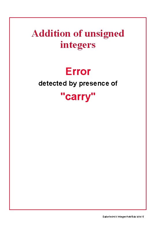 Addition of unsigned integers Error detected by presence of "carry" Datorteknik Integer. Add. Sub