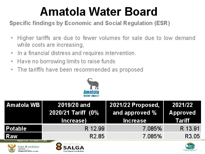 Amatola Water Board Specific findings by Economic and Social Regulation (ESR) Proposed Tariff •