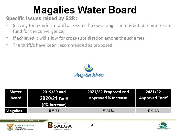 Magalies Water Board Specific issues raised by ESR: • Striving for a uniform tariff