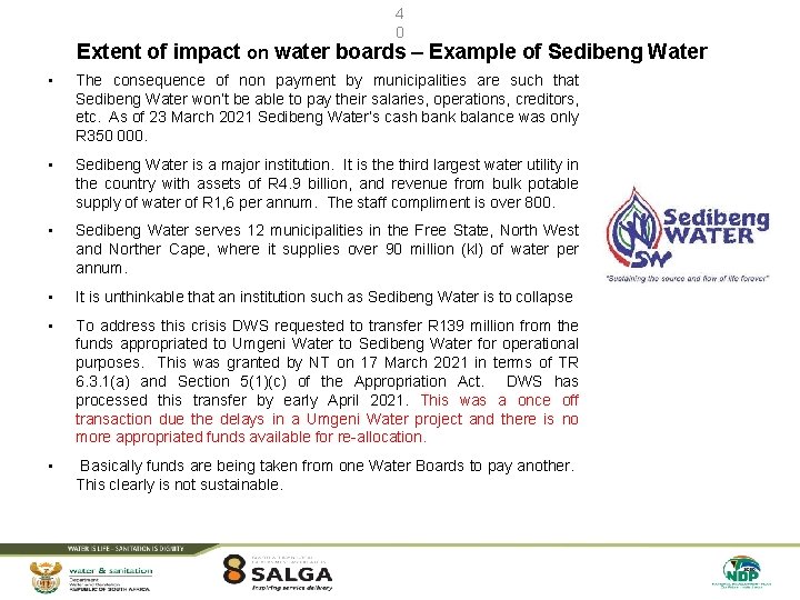 4 0 Extent of impact on water boards – Example of Sedibeng Water •