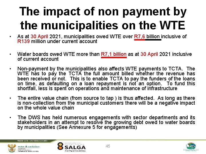 The impact of non payment by the municipalities on the WTE • As at