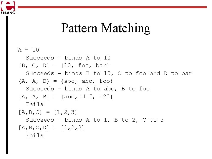 Pattern Matching A = 10 Succeeds - binds A to 10 {B, C, D}