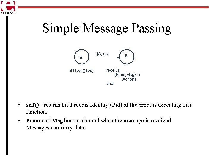 Simple Message Passing • self() - returns the Process Identity (Pid) of the process