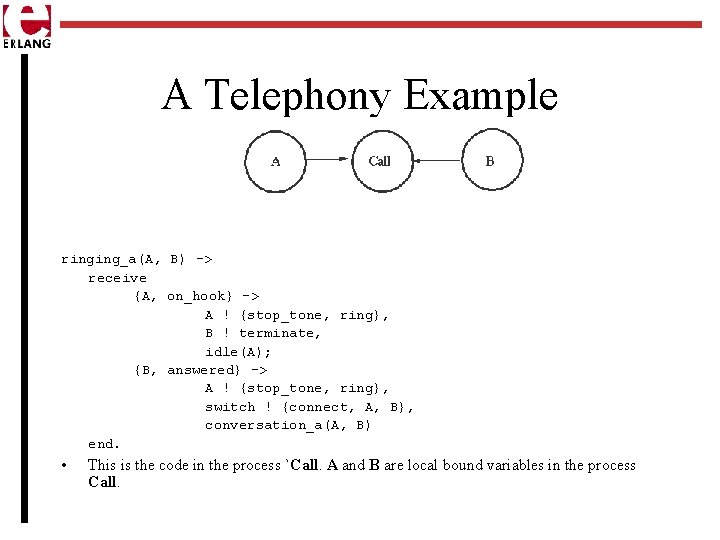 A Telephony Example ringing_a(A, B) -> receive {A, on_hook} -> A ! {stop_tone, ring},