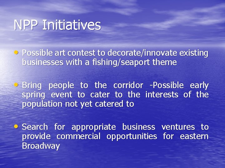 NPP Initiatives • Possible art contest to decorate/innovate existing businesses with a fishing/seaport theme