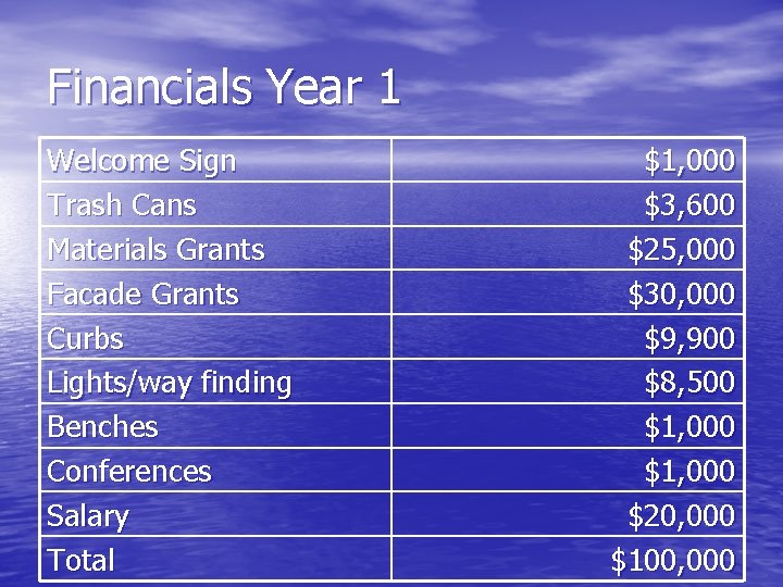 Financials Year 1 Welcome Sign Trash Cans Materials Grants Facade Grants Curbs Lights/way finding