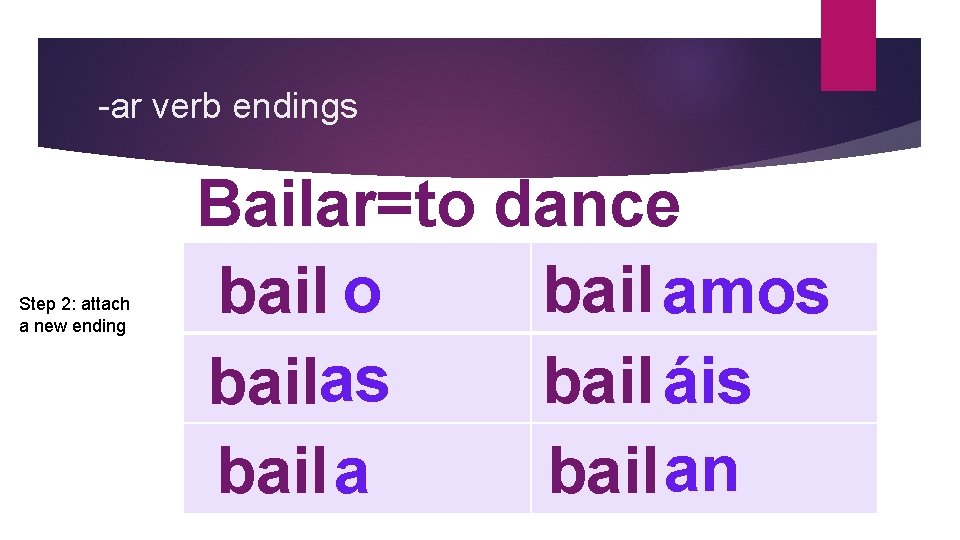 -ar verb endings Step 2: attach a new ending Bailar=to dance bail amos bail