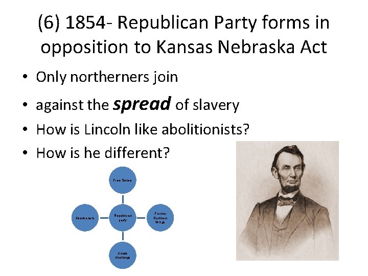 (6) 1854 - Republican Party forms in opposition to Kansas Nebraska Act • Only