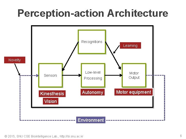 Perception-action Architecture Recognitions Learning Novelty Low-level Processing Motor Output Autonomy Motor equipment Sensors Kinesthesis