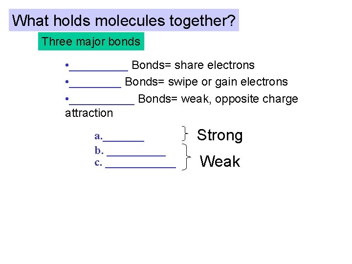 What holds molecules together? Three major bonds • _____ Bonds= share electrons • ____