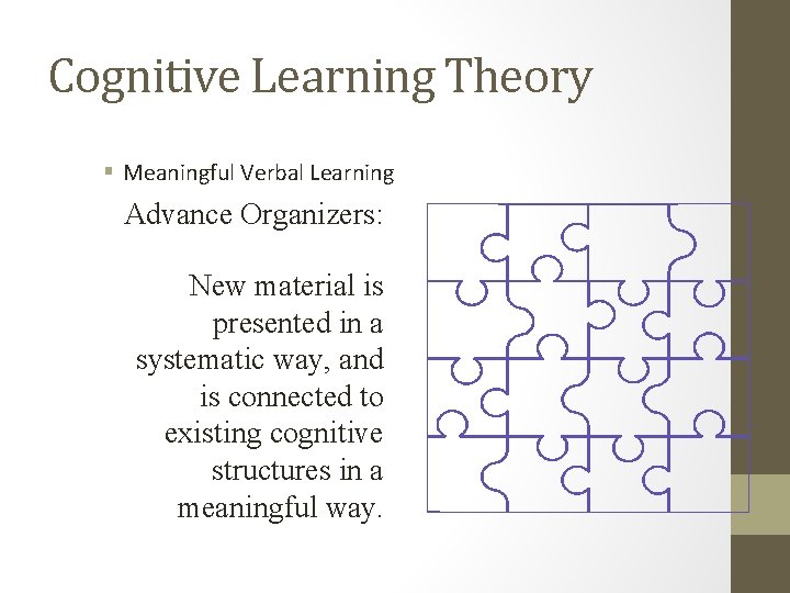 Cognitive Learning Theory § Meaningful Verbal Learning Advance Organizers: New material is presented in