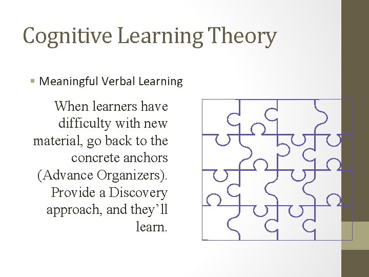 Cognitive Learning Theory § Meaningful Verbal Learning When learners have difficulty with new material,
