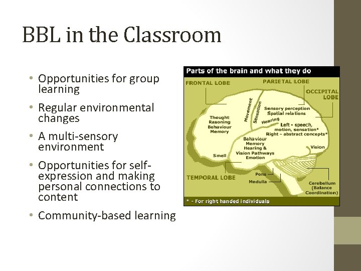 BBL in the Classroom • Opportunities for group learning • Regular environmental changes •