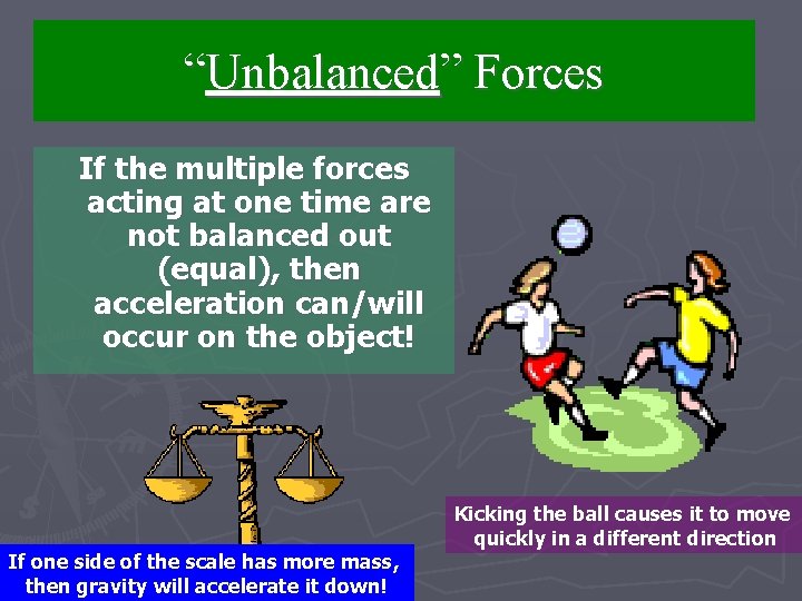 “Unbalanced” Forces If the multiple forces acting at one time are not balanced out