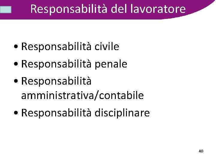 Responsabilità del lavoratore • Responsabilità civile • Responsabilità penale • Responsabilità amministrativa/contabile • Responsabilità