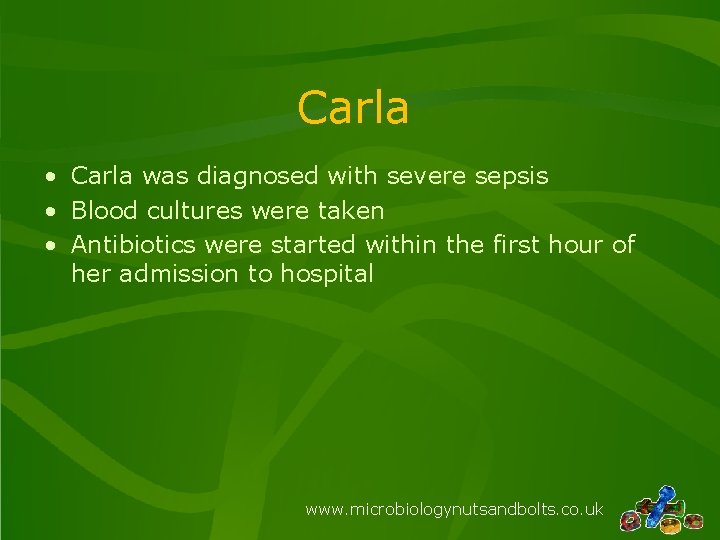 Carla • Carla was diagnosed with severe sepsis • Blood cultures were taken •