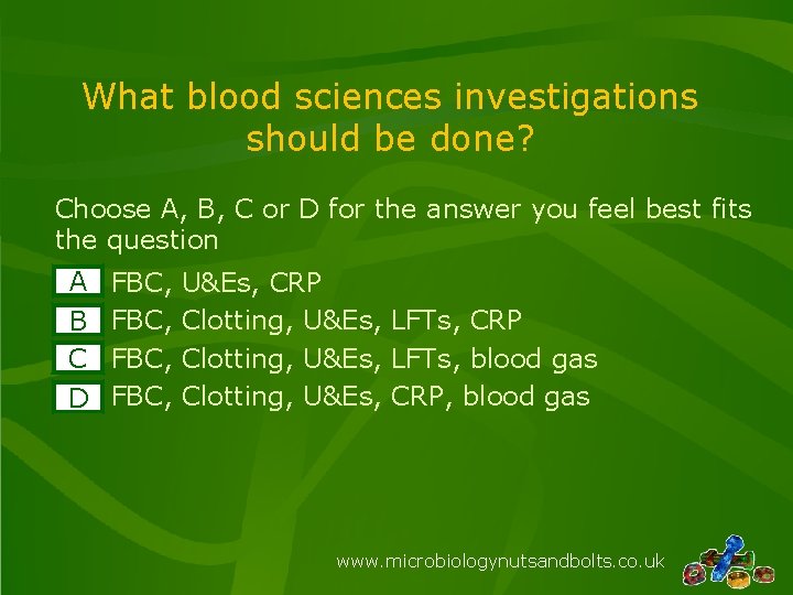 What blood sciences investigations should be done? Choose A, B, C or D for