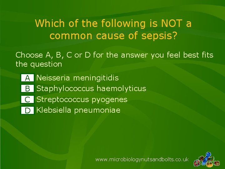 Which of the following is NOT a common cause of sepsis? Choose A, B,