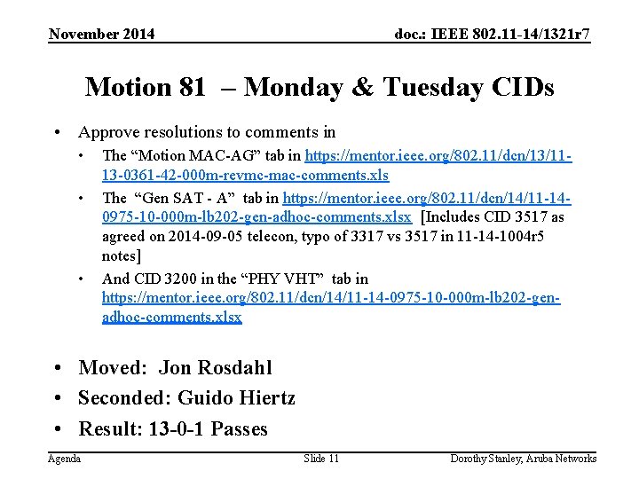 November 2014 doc. : IEEE 802. 11 -14/1321 r 7 Motion 81 – Monday