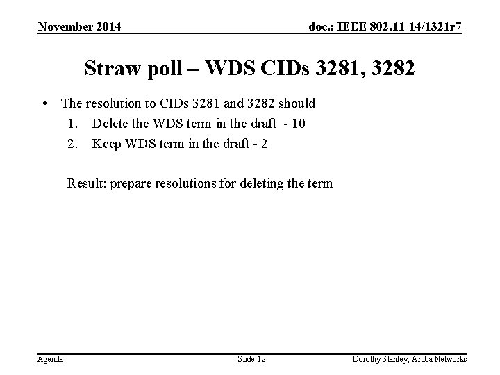 November 2014 doc. : IEEE 802. 11 -14/1321 r 7 Straw poll – WDS
