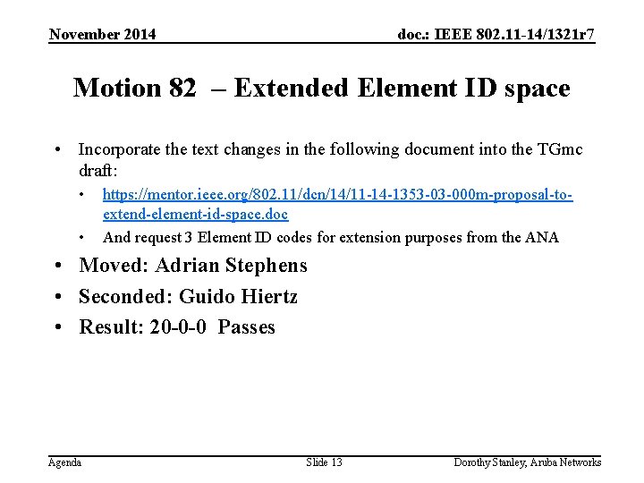 November 2014 doc. : IEEE 802. 11 -14/1321 r 7 Motion 82 – Extended