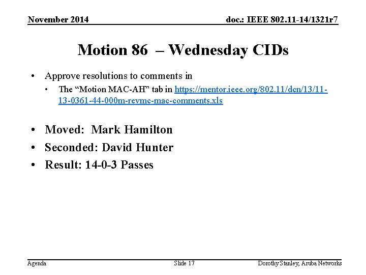 November 2014 doc. : IEEE 802. 11 -14/1321 r 7 Motion 86 – Wednesday