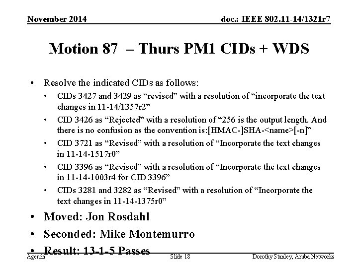 November 2014 doc. : IEEE 802. 11 -14/1321 r 7 Motion 87 – Thurs