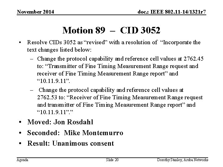 November 2014 doc. : IEEE 802. 11 -14/1321 r 7 Motion 89 – CID