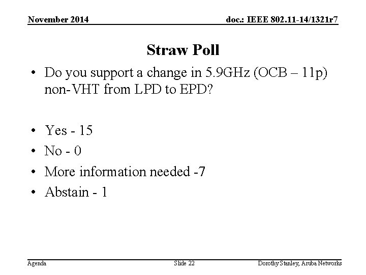 November 2014 doc. : IEEE 802. 11 -14/1321 r 7 Straw Poll • Do