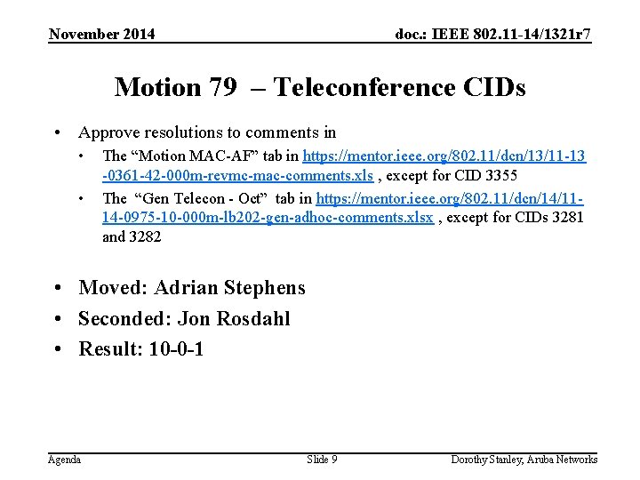 November 2014 doc. : IEEE 802. 11 -14/1321 r 7 Motion 79 – Teleconference