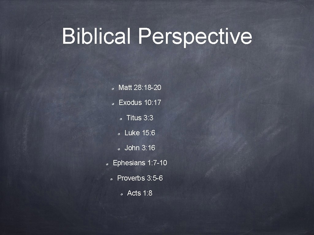 Biblical Perspective Matt 28: 18 -20 Exodus 10: 17 Titus 3: 3 Luke 15: