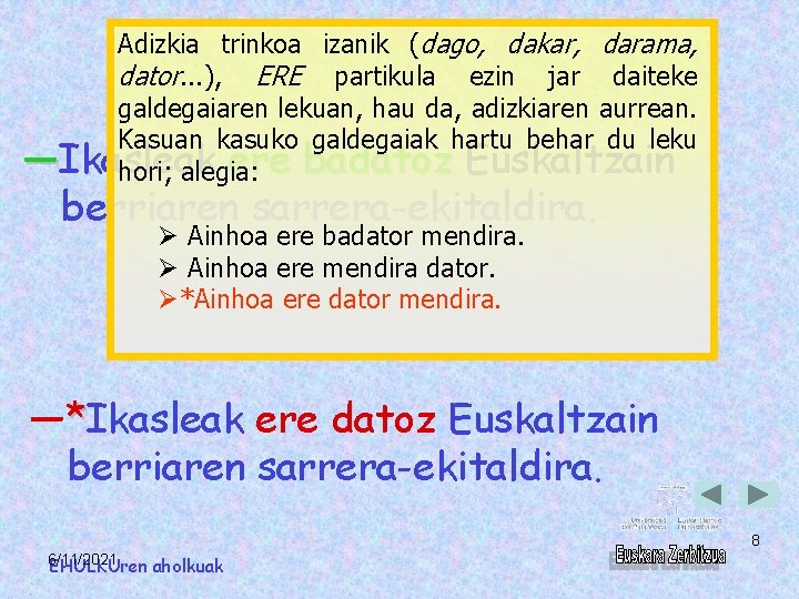 Adizkia trinkoa izanik (dago, dakar, darama, dator. . . ), ERE partikula ezin jar