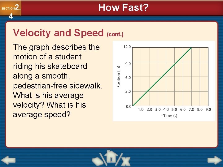 2. SECTION 4 How Fast? Velocity and Speed (cont. ) The graph describes the