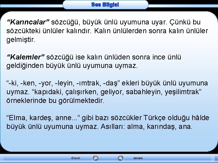 Ses Bilgisi “Karıncalar” sözcüğü, büyük ünlü uyumuna uyar. Çünkü bu sözcükteki ünlüler kalındır. Kalın