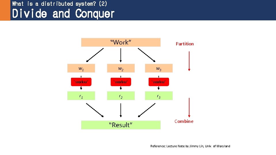 What is a distributed system? (2) Divide and Conquer “Work” Partition w 1 w