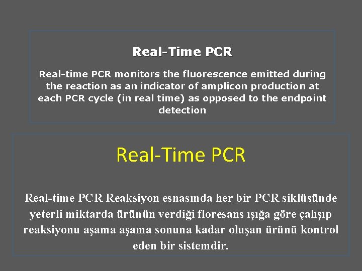 Real-Time PCR Real-time PCR monitors the fluorescence emitted during the reaction as an indicator