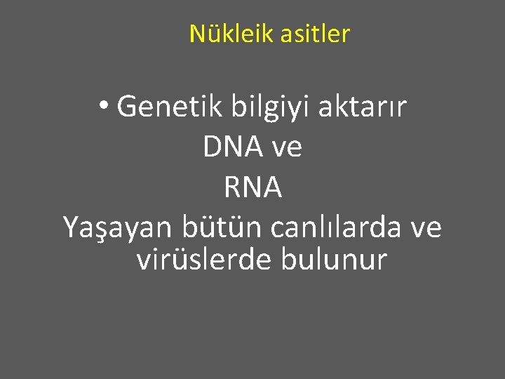 Nükleik asitler • Genetik bilgiyi aktarır DNA ve RNA Yaşayan bütün canlılarda ve virüslerde