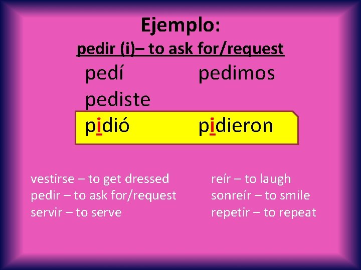 Ejemplo: pedir (i)– to ask for/request pedí pediste pidió vestirse – to get dressed