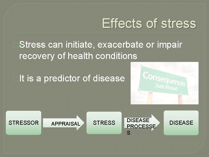 Effects of stress �Stress can initiate, exacerbate or impair recovery of health conditions �It