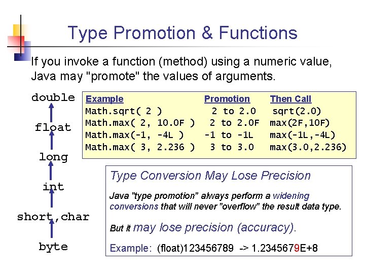 Type Promotion & Functions If you invoke a function (method) using a numeric value,